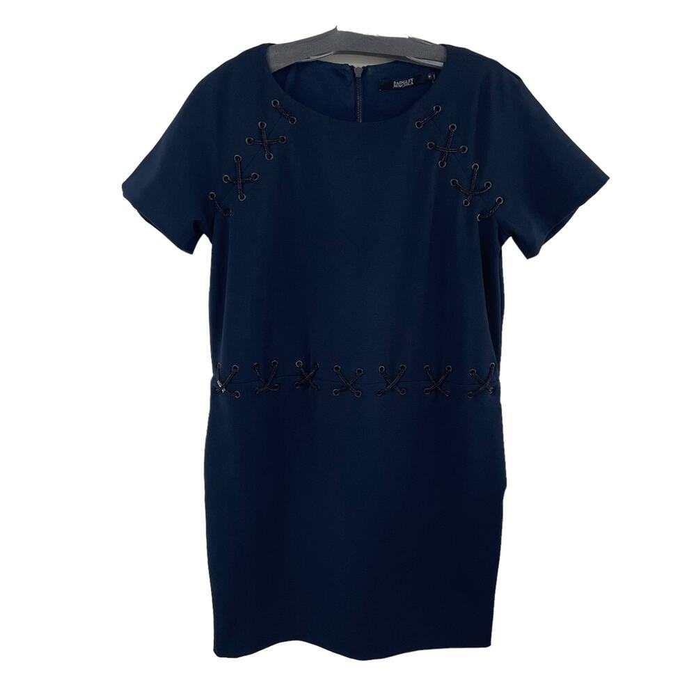Badgley Mischka Crewneck Short Sleeve Navy Black Chain Accent Shift Dress Medium